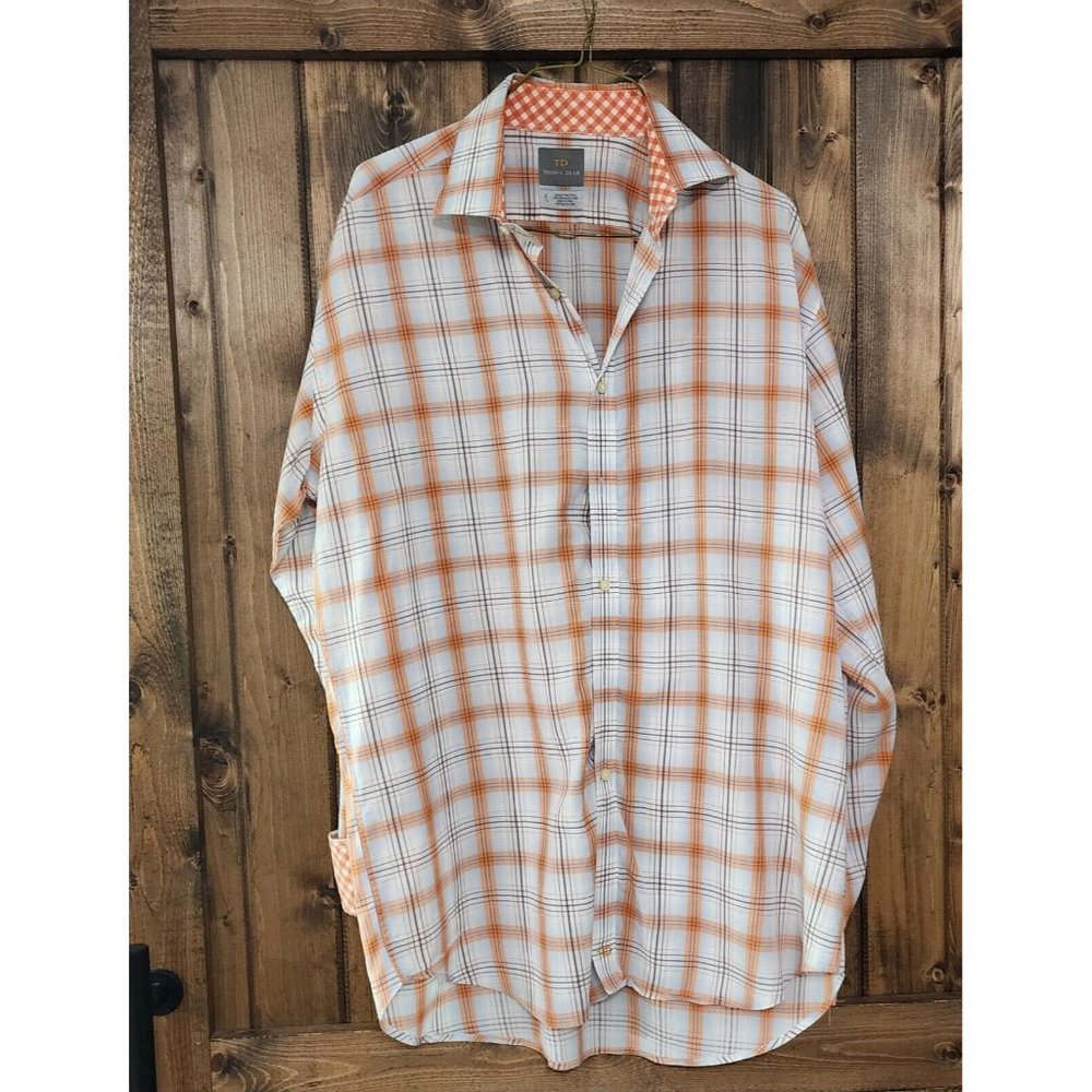 MENS THOMAS DEAN ORANGE AND BLUE PLAID LONG SLEEVE BUTTON DOWN SHIRT‎